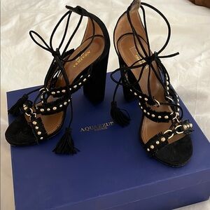 AQUAZZURA Black Strappy Heels with Tassels. Size 8